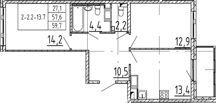2-комнатная квартира 59.7 м², 6/12 эт., ЖК «Монография»