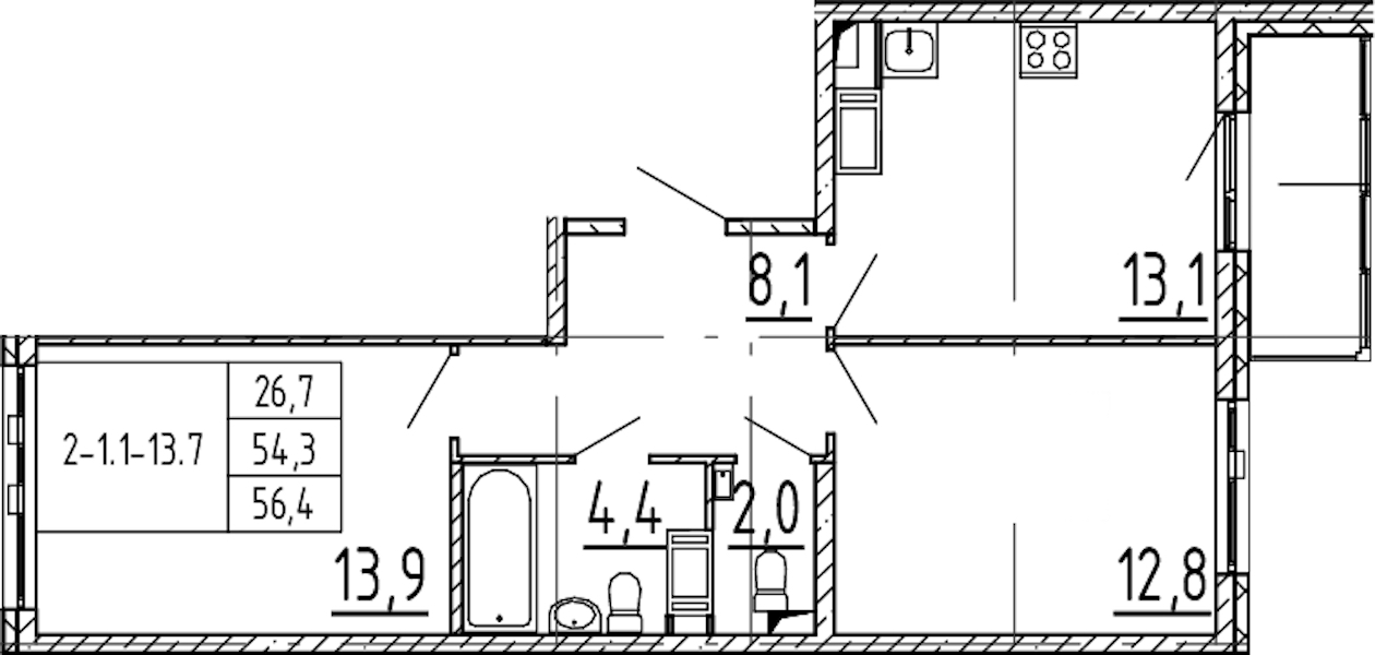 2-комнатная квартира 56.4 м², 8/12 эт., ЖК «Монография»