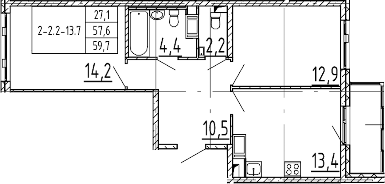 2-комнатная квартира 59.7 м², 8/12 эт., ЖК «Монография»
