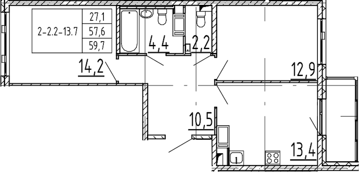 2-комнатная квартира 59.7 м², 10/12 эт., ЖК «Монография»