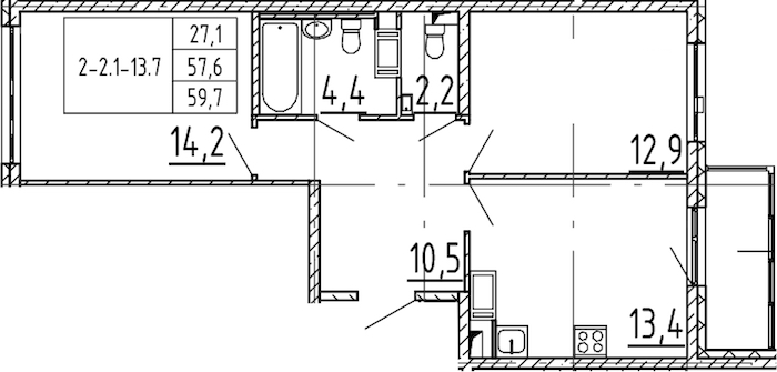 2-комнатная квартира 59.7 м², 11/12 эт., ЖК «Монография»