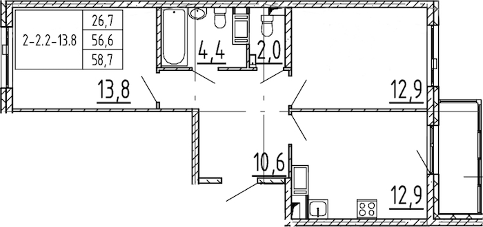 2-комнатная квартира 58.7 м², 8/12 эт., ЖК «Монография»