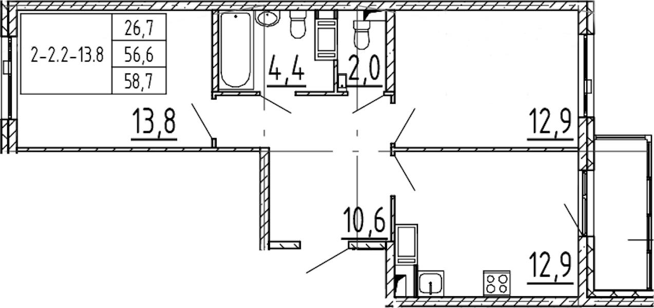 2-комнатная квартира 58.7 м², 10/12 эт., ЖК «Монография»