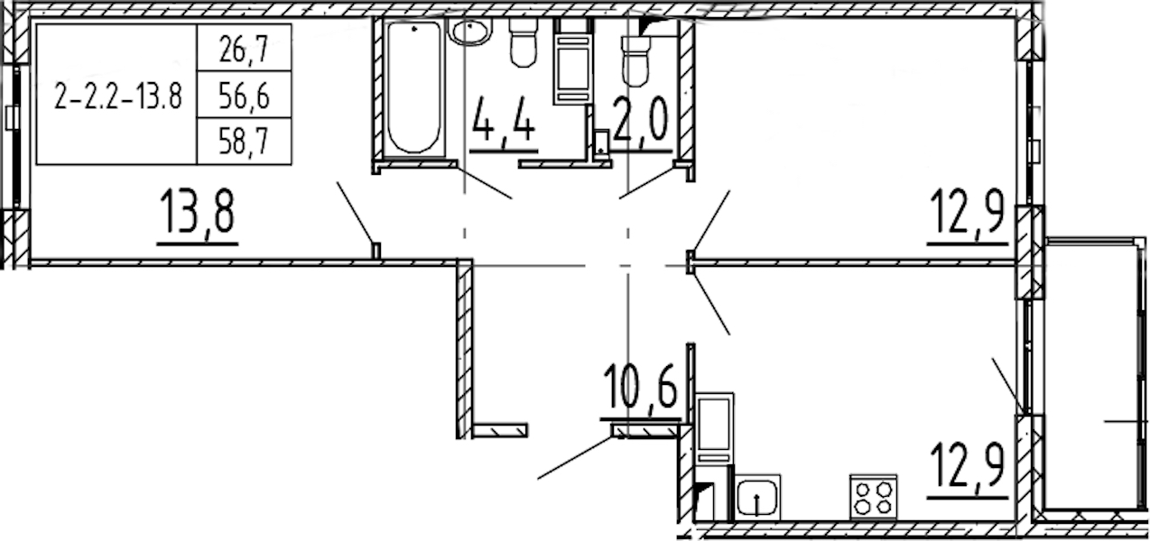 2-комнатная квартира 58.7 м², 12/12 эт., ЖК «Монография»