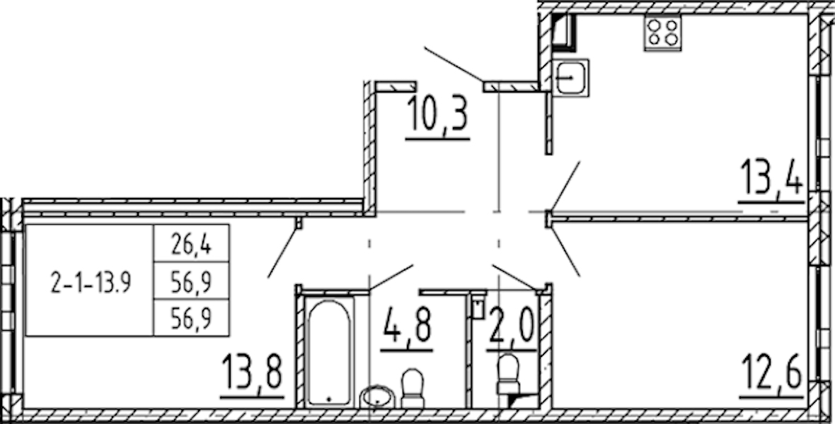 2-комнатная квартира 56.9 м², 2/12 эт., ЖК «Монография»