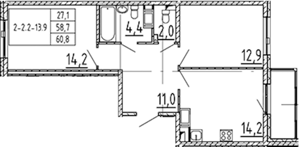 2-комнатная квартира 60.8 м², 4/12 эт., ЖК «Монография»