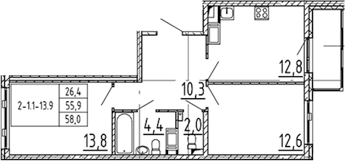 2-комнатная квартира 58 м², 5/12 эт., ЖК «Монография»