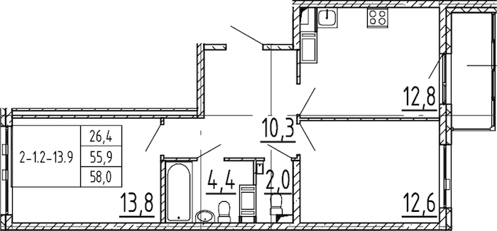 2-комнатная квартира 58 м², 6/12 эт., ЖК «Монография»