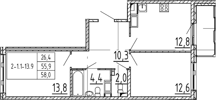 2-комнатная квартира 58 м², 7/12 эт., ЖК «Монография»