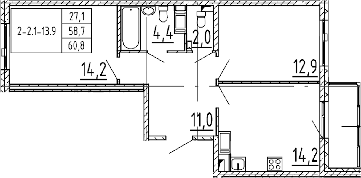 2-комнатная квартира 60.8 м², 11/12 эт., ЖК «Монография»