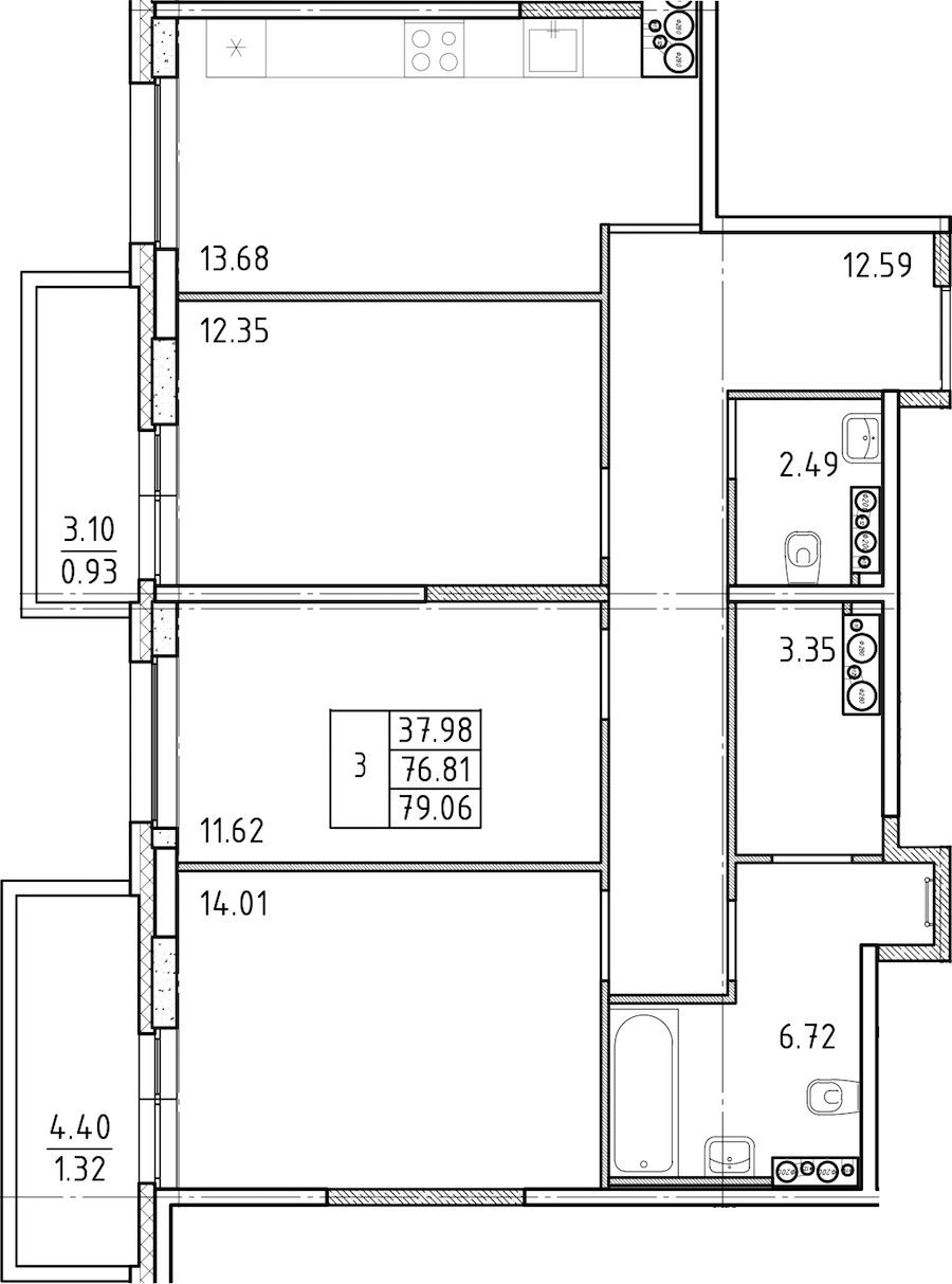3-комнатная квартира 79.06 м², 21/25 эт., ЖК «FRIENDS»