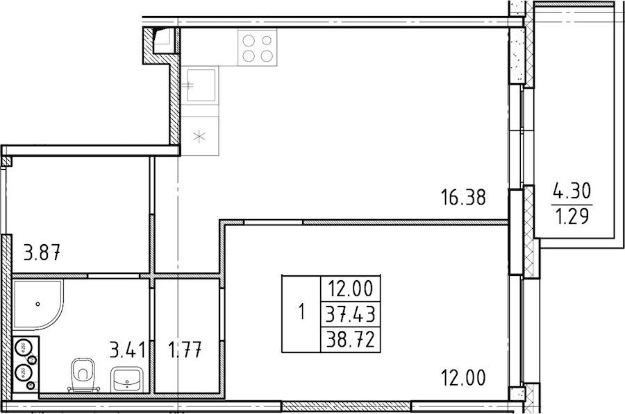 1-комнатная квартира 38.3 м², 23/25 эт., ЖК «FRIENDS»