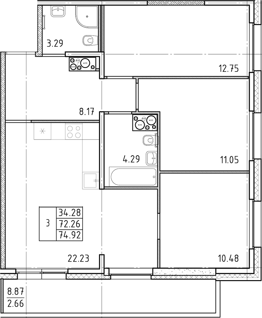 3-комнатная квартира 74.92 м², 24/25 эт., ЖК «FRIENDS»