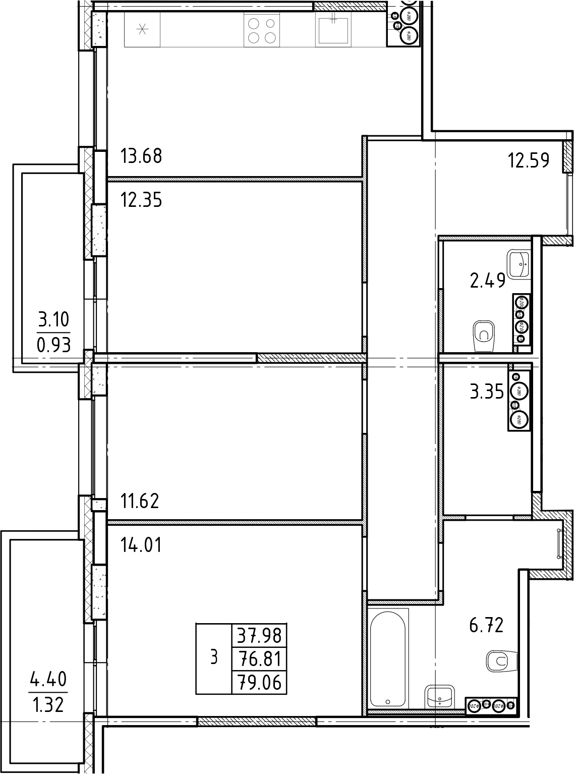 3-комнатная квартира 79.06 м², 24/25 эт., ЖК «FRIENDS»