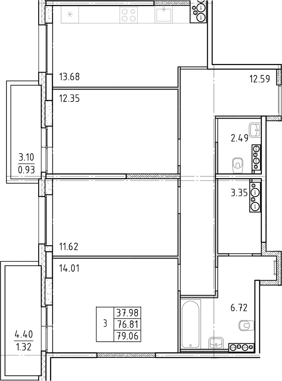 3-комнатная квартира 77.7 м², 25/25 эт., ЖК «FRIENDS»