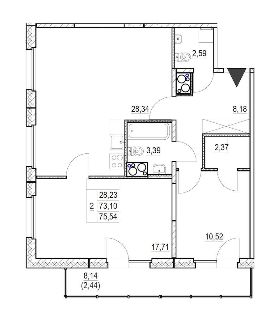 2-комнатная квартира 75.54 м², 25/25 эт., ЖК «FRIENDS»
