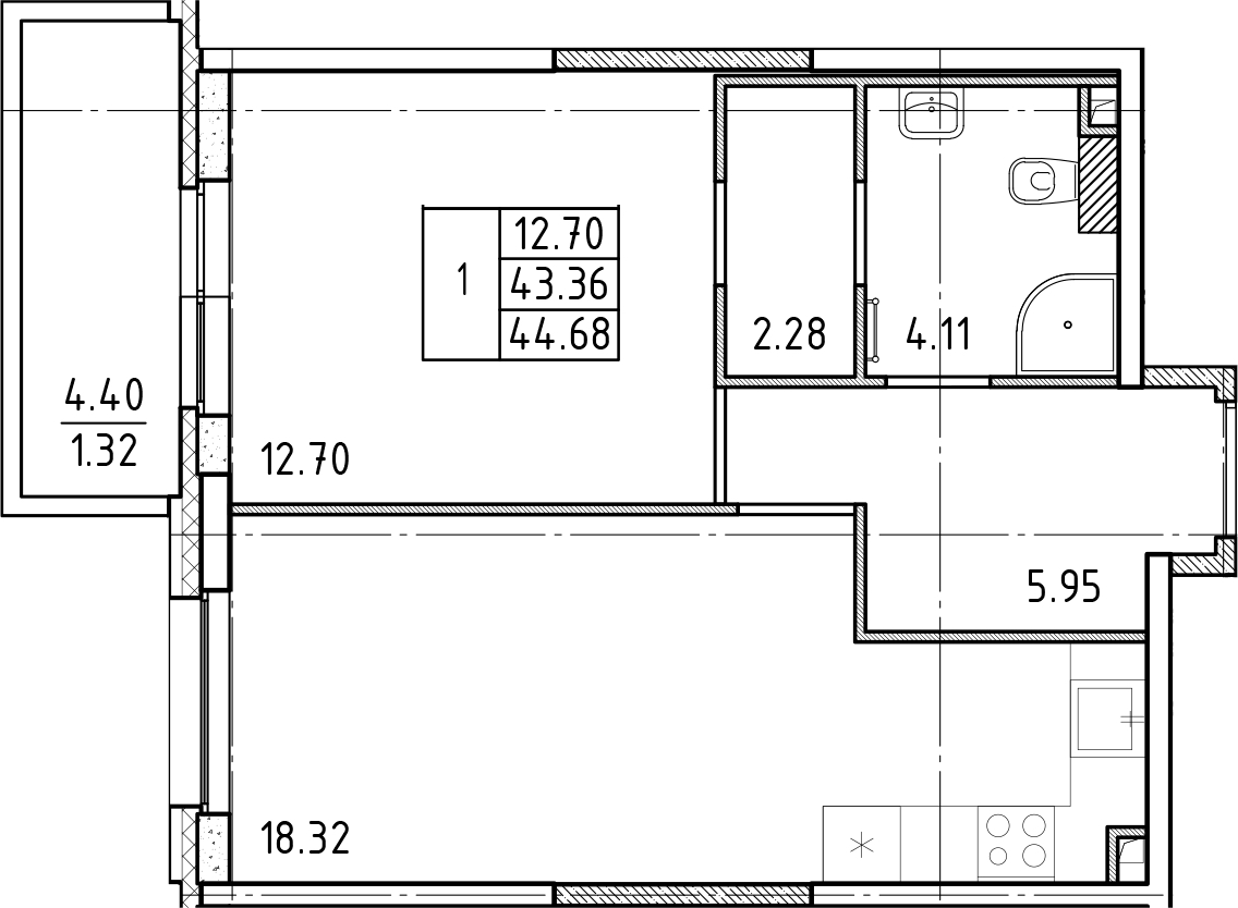 1-комнатная квартира 43.8 м², 2/25 эт., ЖК «FRIENDS»