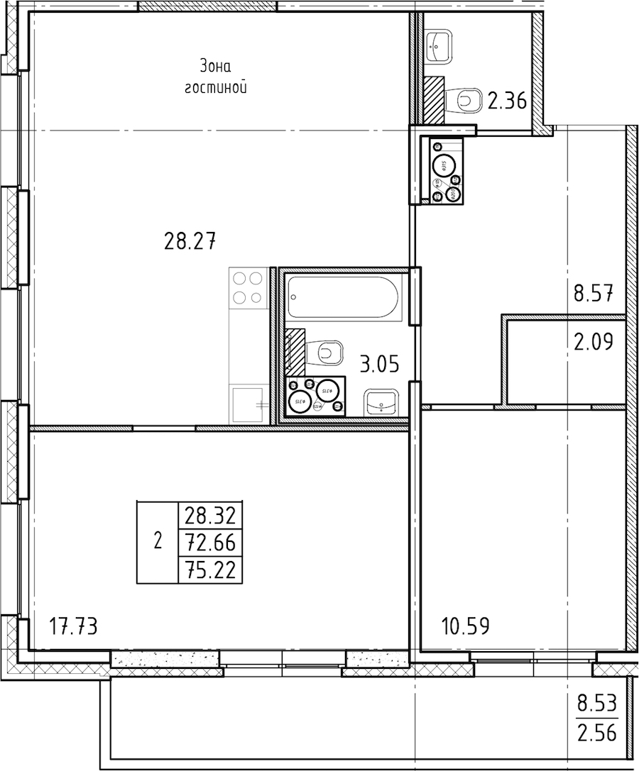 2-комнатная квартира 74.4 м², 21/25 эт., ЖК «FRIENDS»
