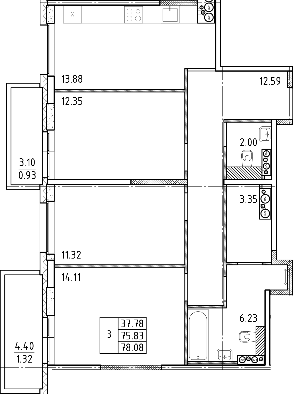 3-комнатная квартира 78.08 м², 22/25 эт., ЖК «FRIENDS»