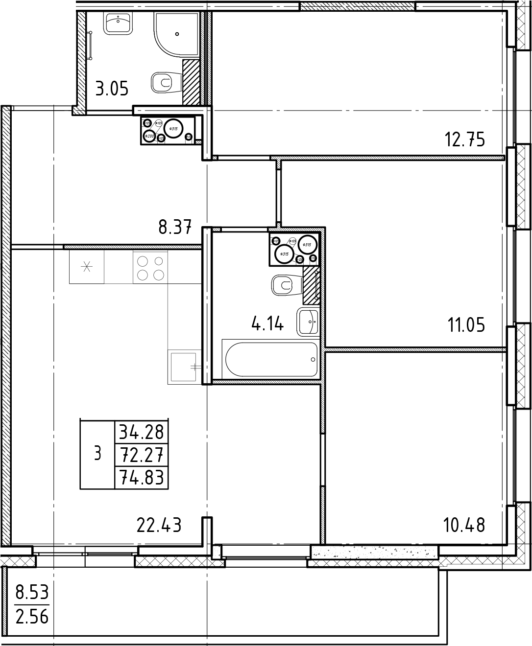 3-комнатная квартира 74.1 м², 25/25 эт., ЖК «FRIENDS»