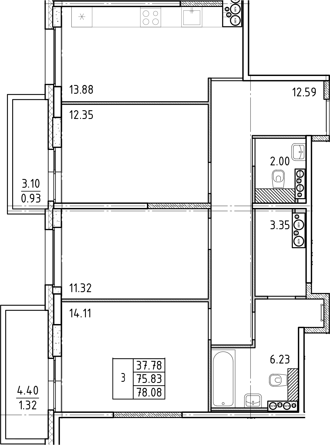 3-комнатная квартира 77.2 м², 25/25 эт., ЖК «FRIENDS»