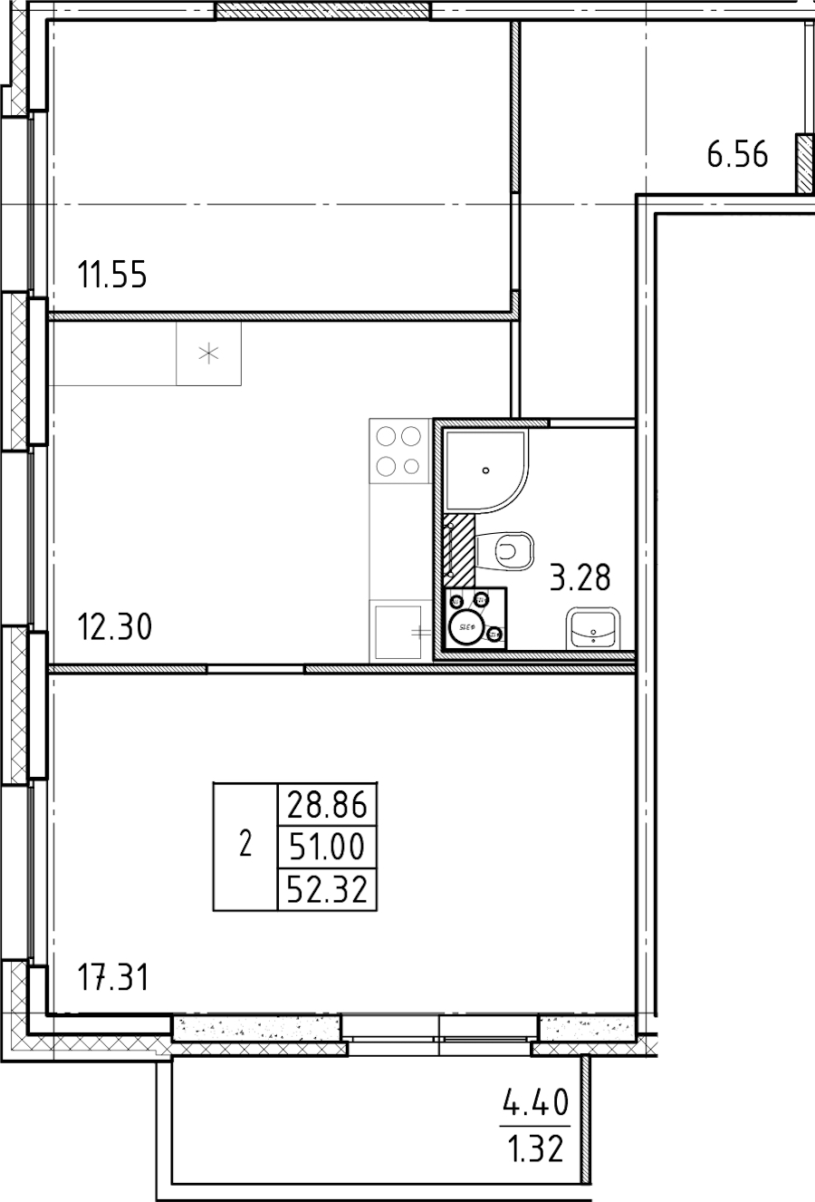 2-комнатная квартира 52.32 м², 4/25 эт., ЖК «FRIENDS»