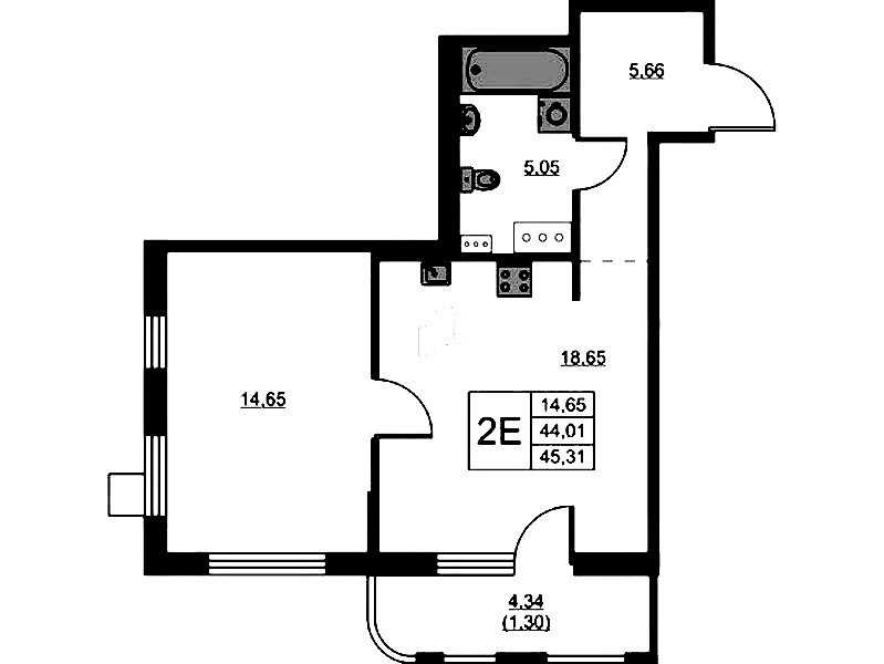 1-комнатная квартира 45.31 м², 3/13 эт., ЖК «RESPECT»