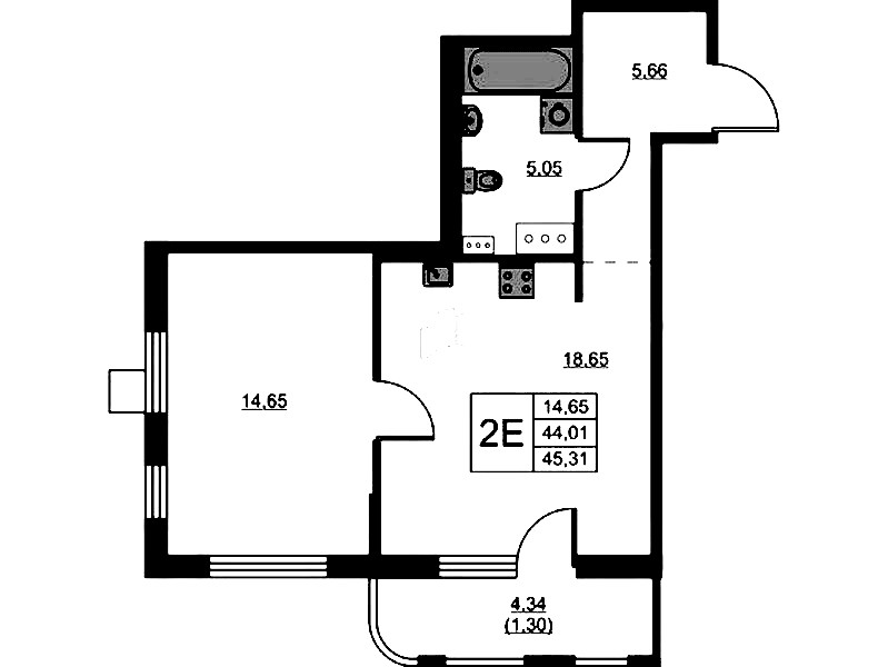 1-комнатная квартира 45.31 м², 4/13 эт., ЖК «RESPECT»