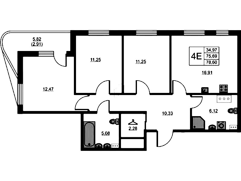 3-комнатная квартира 78.6 м², 7/13 эт., ЖК «RESPECT»