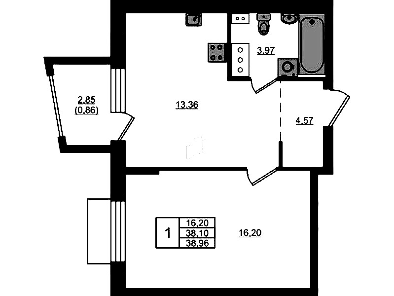 1-комнатная квартира 38.96 м², 12/13 эт., ЖК «RESPECT»