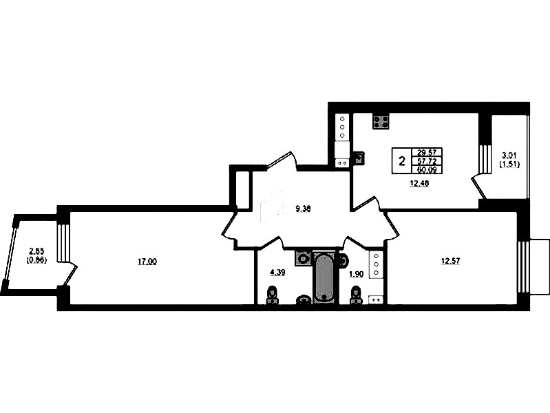 2-комнатная квартира 60.09 м², 3/13 эт., ЖК «RESPECT»