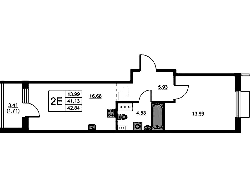 1-комнатная квартира 42.84 м², 13/13 эт., ЖК «RESPECT»