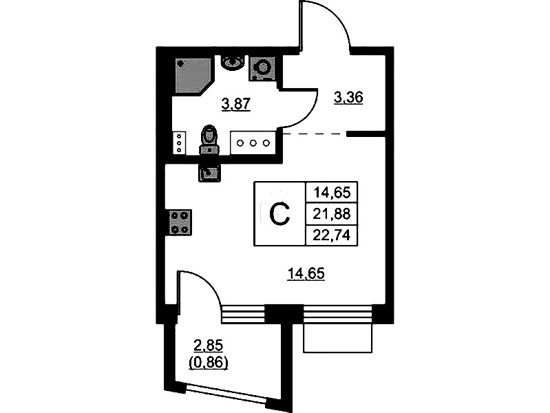 Квартира студия 22.74 м², 10/13 эт., ЖК «RESPECT»