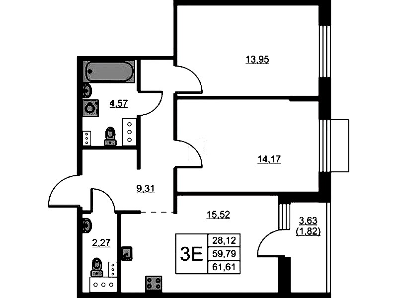 2-комнатная квартира 61.61 м², 3/13 эт., ЖК «RESPECT»