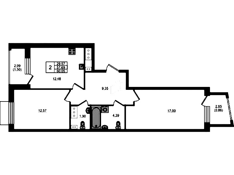 2-комнатная квартира 60.05 м², 7/13 эт., ЖК «RESPECT»