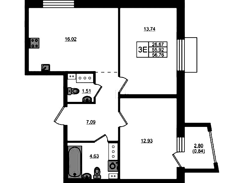 2-комнатная квартира 56.76 м², 11/13 эт., ЖК «RESPECT»