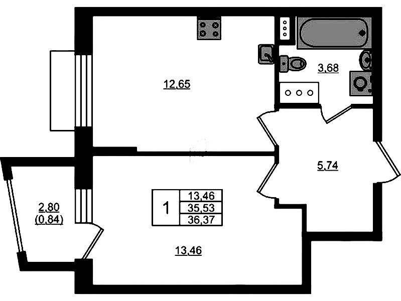 1-комнатная квартира 36.37 м², 12/13 эт., ЖК «RESPECT»