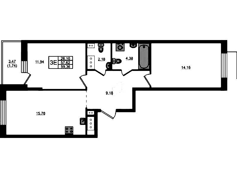 2-комнатная квартира 59.36 м², 6/13 эт., ЖК «RESPECT»