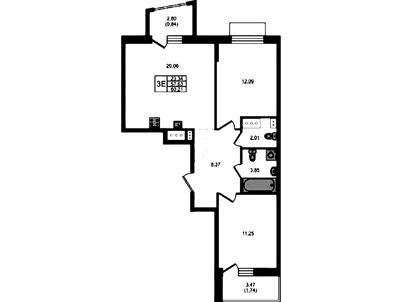 2-комнатная квартира 60.21 м², 3/8 эт., ЖК «RESPECT»