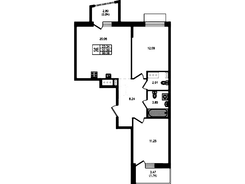 2-комнатная квартира 60.08 м², 3/8 эт., ЖК «RESPECT»
