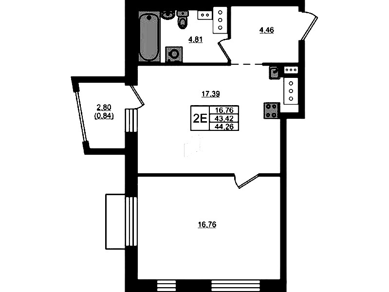 1-комнатная квартира 44.26 м², 3/13 эт., ЖК «RESPECT»