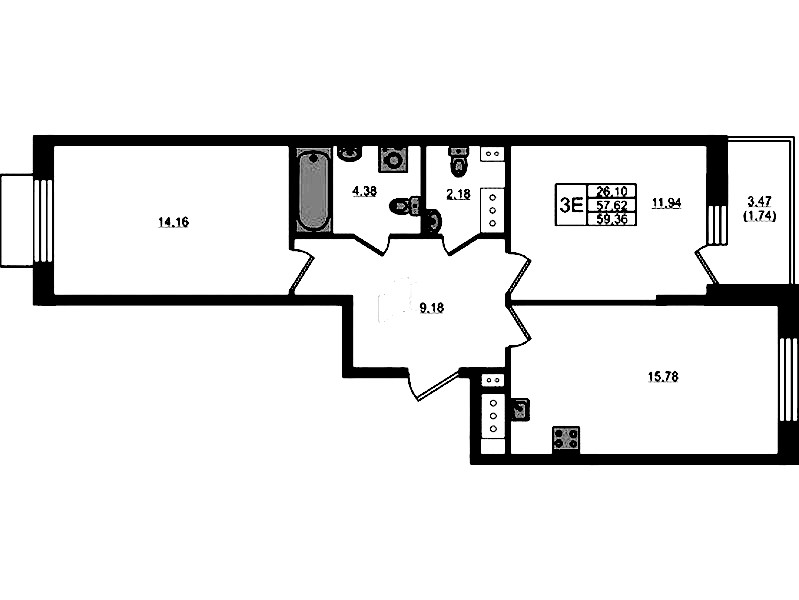 2-комнатная квартира 59.36 м², 6/13 эт., ЖК «RESPECT»