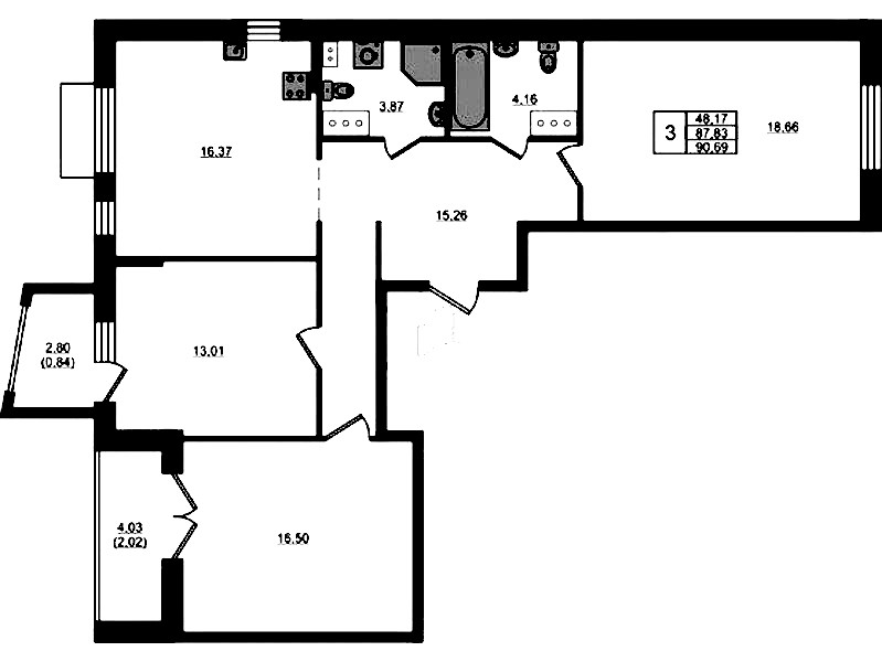 3-комнатная квартира 90.69 м², 10/13 эт., ЖК «RESPECT»