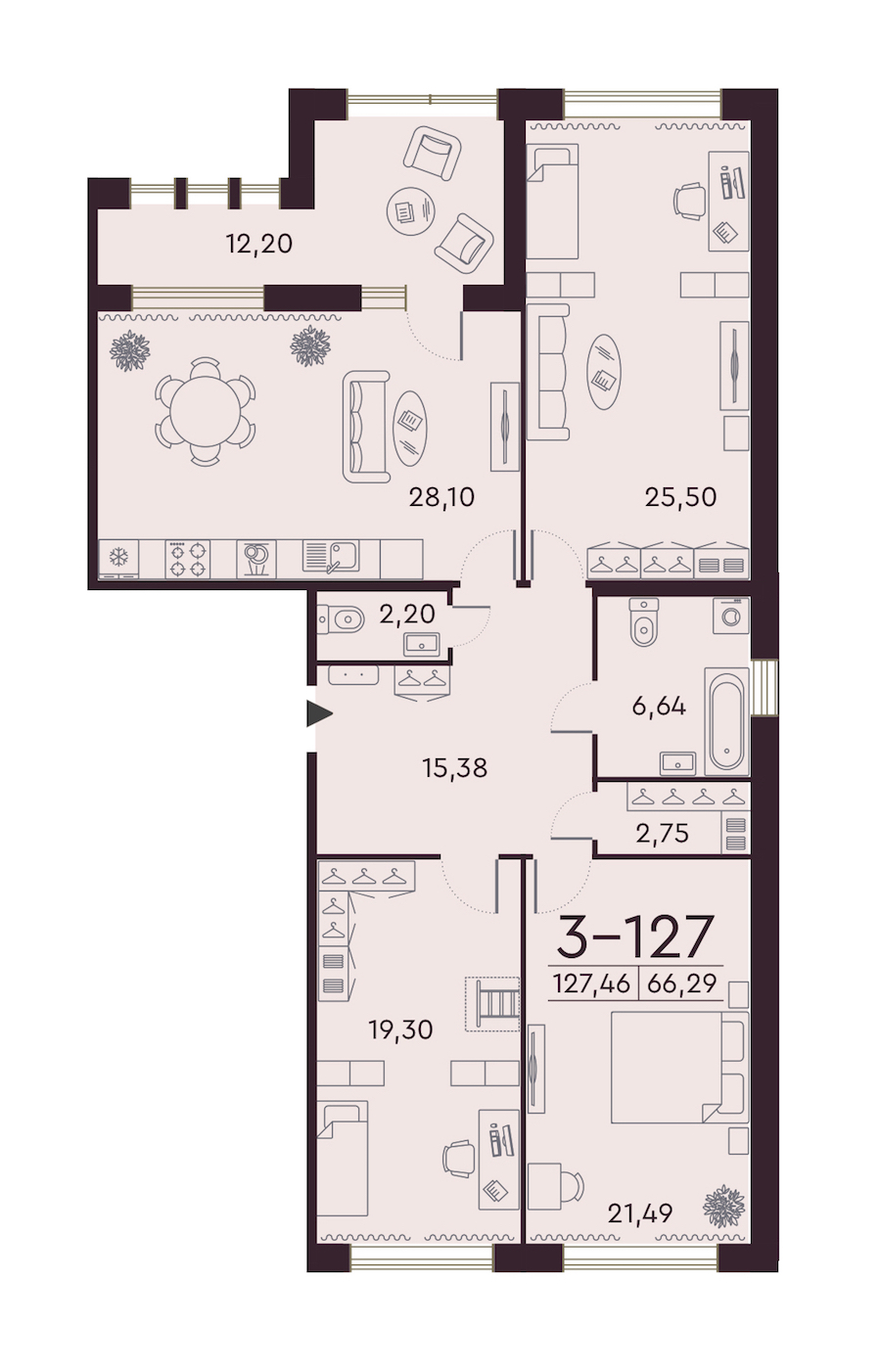 3-комнатная квартира 127.46 м², 2/8 эт., ЖК «Familia»