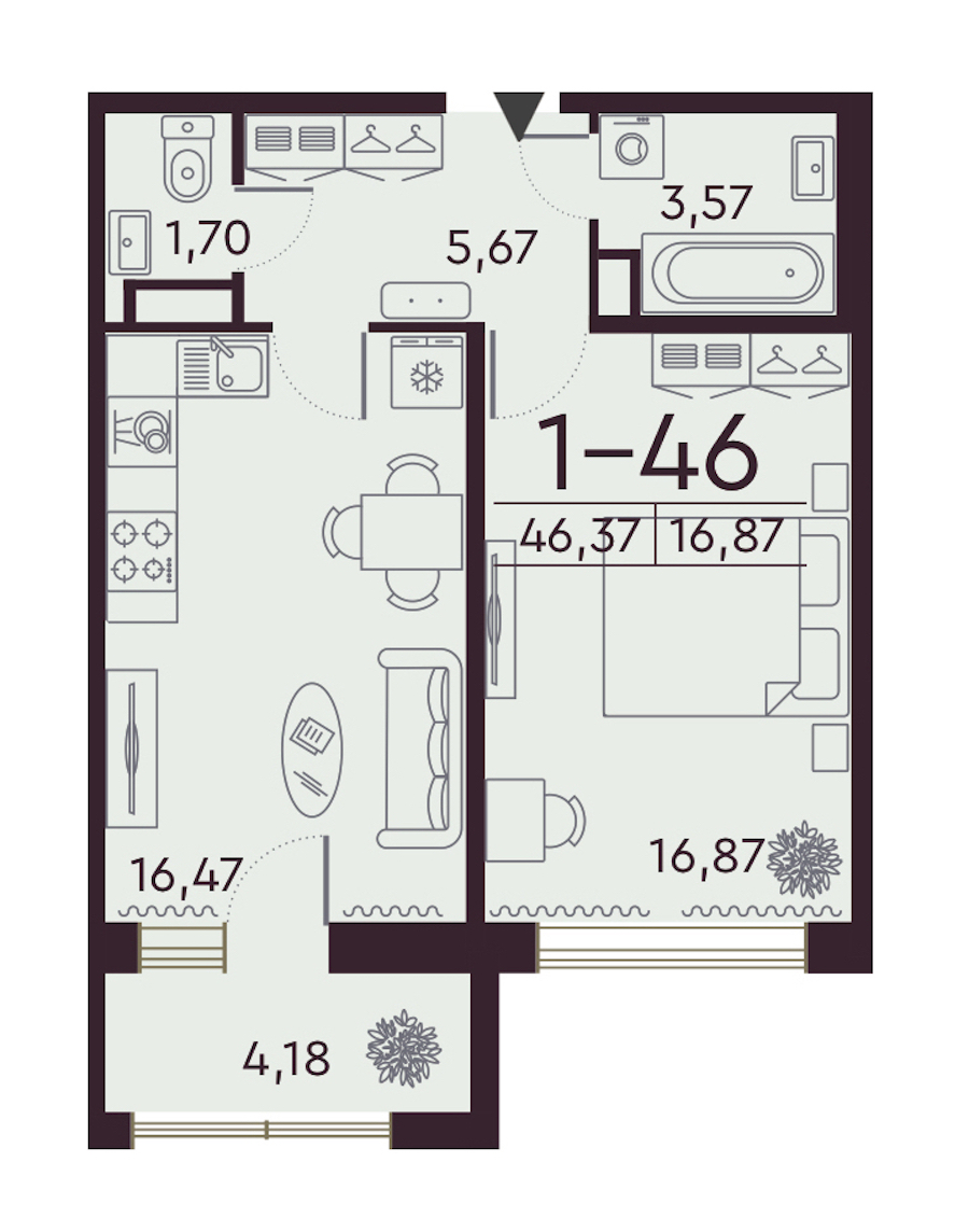 1-комнатная квартира 46.37 м², 7/8 эт., ЖК «Familia»