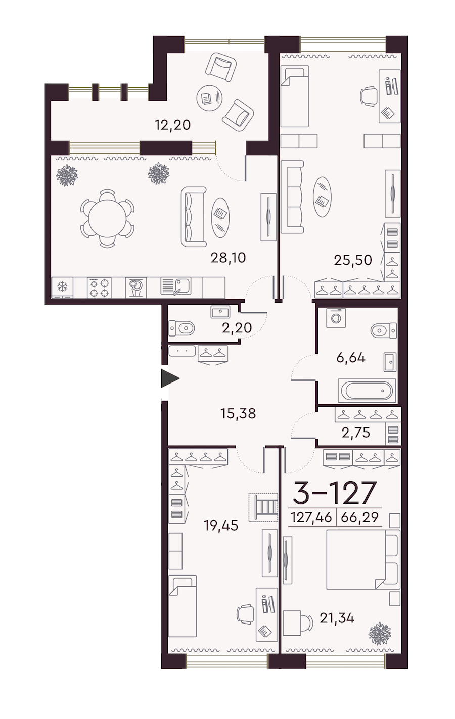 3-комнатная квартира 127.46 м², 2/8 эт., ЖК «Familia»