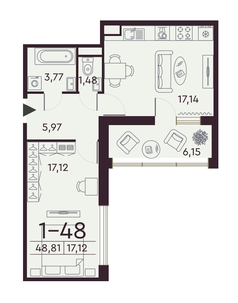 1-комнатная квартира 48.55 м², 7/8 эт., ЖК «Familia»