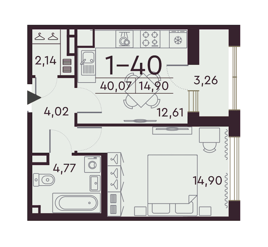 1-комнатная квартира 40.07 м², 8/8 эт., ЖК «Familia»