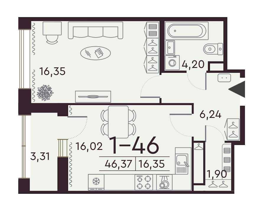 1-комнатная квартира 46.37 м², 8/8 эт., ЖК «Familia»