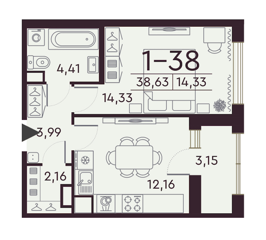 1-комнатная квартира 38.63 м², 7/8 эт., ЖК «Familia»